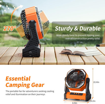Camping LED Fan with Light, 20000mAh Rechargeable Battery Powered Outdoor Tent Fan, 4 Speed