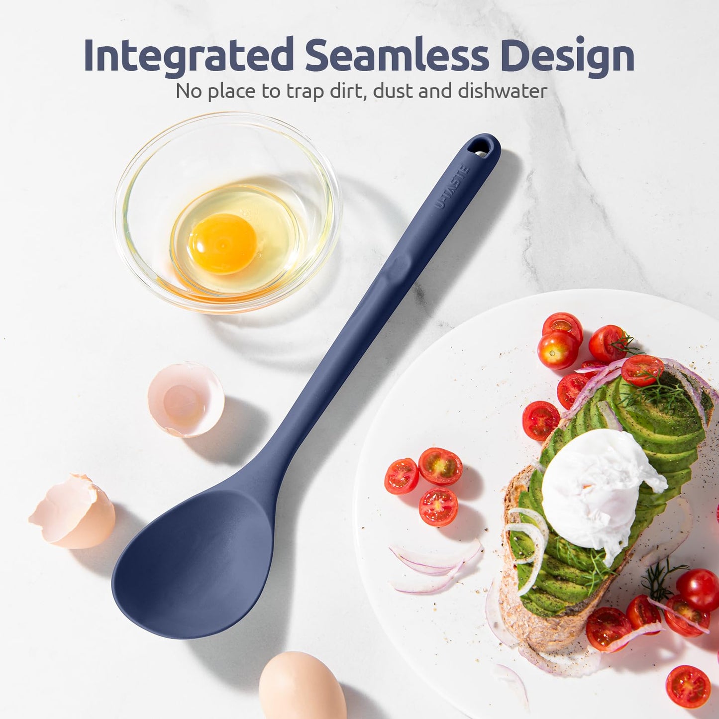 600ºF Heat Resistant Silicone Spoons: U-Taste 13.3in Solid & Slotted Kitchen Cooking Spoon, Nonstick Long Rubber Utensil, Sturdy for Mixing, Serving, Stirring, Draining (Midnight Blue, 2PCS)