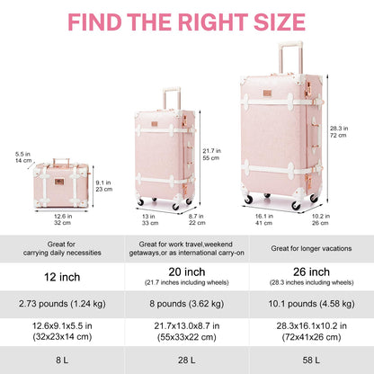 urecity Vintage Luggage Sets of 3 Piece - Hardside Lightweight Spinner Suitcases - Retro Travel Set includes Under Seat Train Case, 26"+20"+12" (Elegant Pink)
