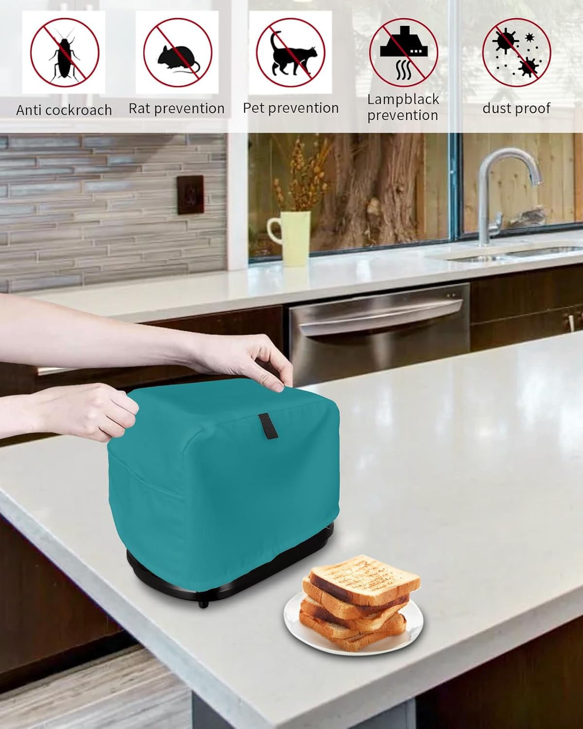 Pure Color Teal Toaster Cover, 4 Slice, Minimalist Dust-Proof Cover with Pockets for Kitchen Small Appliance 12x11x8in