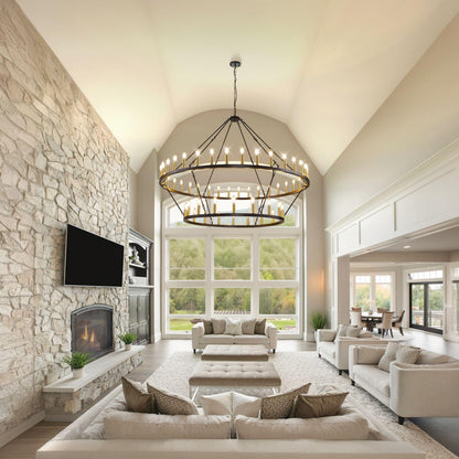 WJShome 60" Wagon Wheel Chandelier, 2 Tiers 54-Light Large Farmhouse Foyer Chandelier for High Ceilings, Round Black and Gold Pendant Light Fixture, for Entryway, Dining Room, Staircase