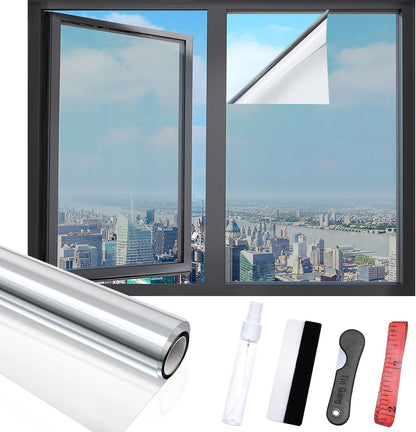 Window Privacy Film with Free Installation Tools, One Way Daytime Static Cling Reflective Heat Control