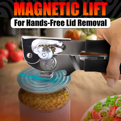 Heavy Duty Commercial Can Opener – Stainless Steel Can Opener for Large & Small Cans, Manual 360° Smooth Crank with Ergonomic Long Handles, Non-Slip Grip, 2-in-1 Bottle Opener for Restaurants & Home