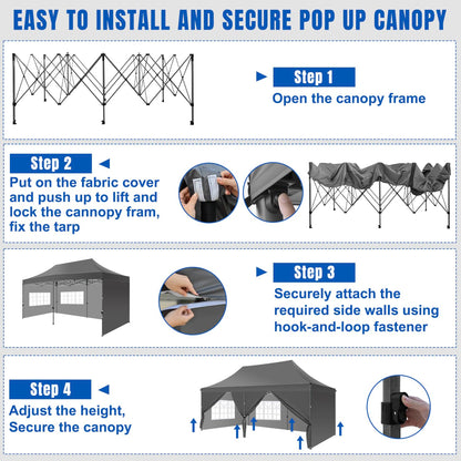 Yesker 10x20 Pop Up Canopy Tent with Sidewalls Instant Outdoor Canopy, Waterproof & UV Protection, Easy Setup Adjustable Height Heavy Duty Shelter Gazebo Tent for Patio Backyard Party Events, Gray