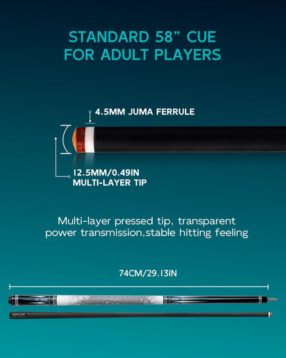 KONLLEN Carbon Fiber Pool Cue 2.0, 58-inch Low Deflection Billiard Stick for Adults with 12.5mm Tip and Pro Taper