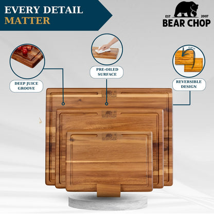 Bearchop Acacia Wood Cutting Board Set of 3 with Storage Stand, Reversible Wooden Cutting Boards for Kitchen with Deep Juice Grooves, Premium Wood Cutting Board Set for Prep, Serving & Gifting