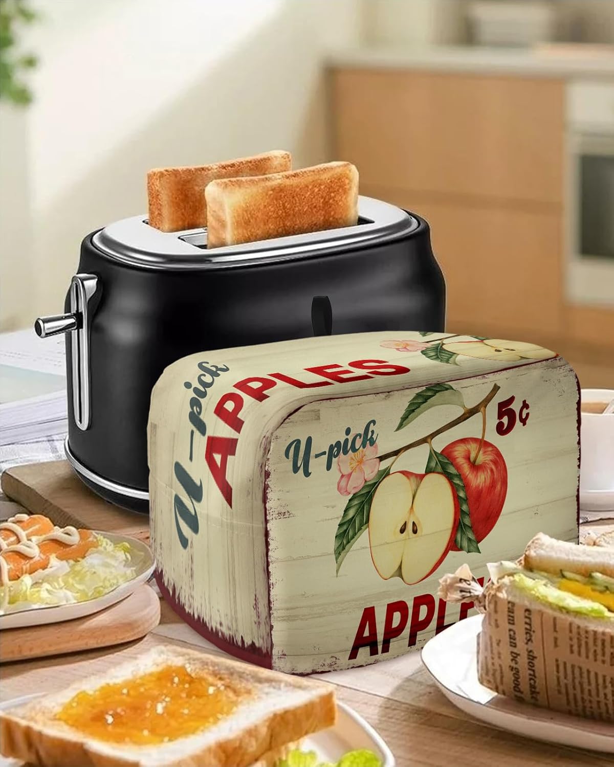 Toaster Cover, Tasty Apples 5 Cents Vintage Country Style 4 Slice, Soft Washable Dust-proof Cover with Pockets for