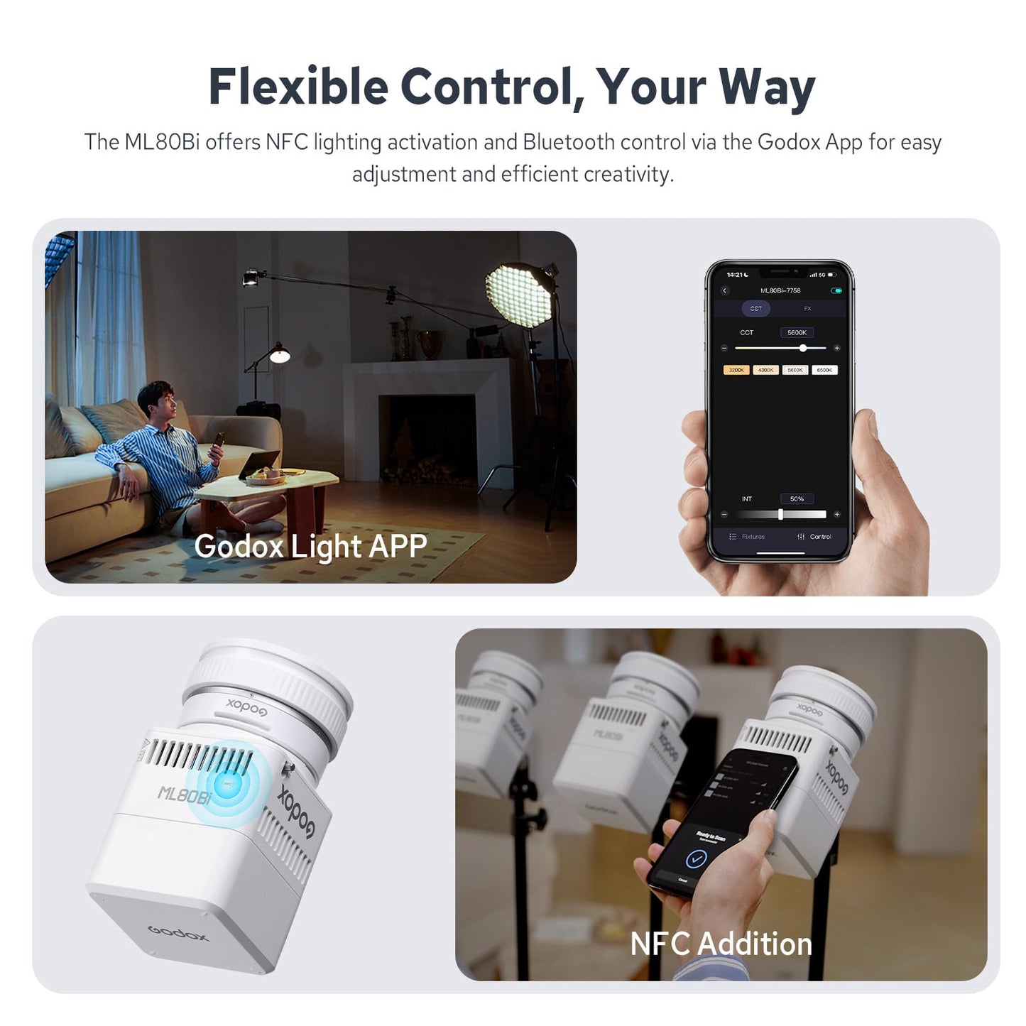 Godox ML80Bi COB Video Light w/95Wh Detachable Battery, Brighter Bi-Color Led Video Light 29600lux@5600K 1m, CRI 96, 2800K-6500K,11FX, Dimming 0%~100%, Portable Continuous Output Lighting Photography