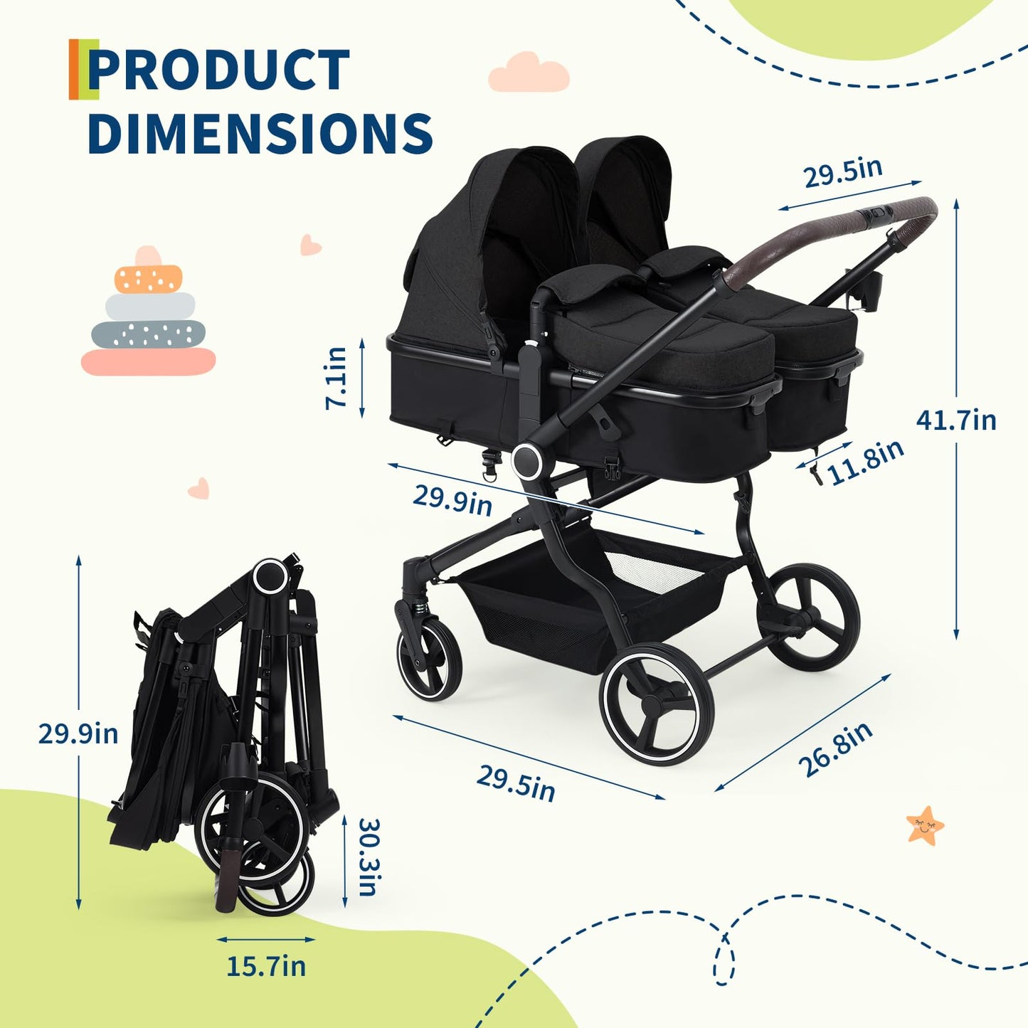 Double Stroller for Twins, Lightweight Side by Side Baby Stroller for Infant & Toddler, High Landscape Double Seat, One-Click Stroller with Adjustable Canopy, Reclining Seats & 5-Point Harness