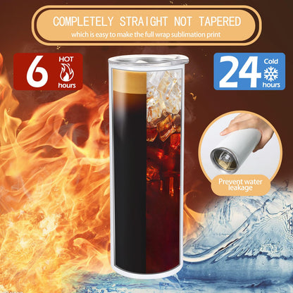 16 Pack Sublimation Tumblers Edge Blanks Skinny Straight Bulk 20 oz, Stainless Steel Double Wall Insulated Tumbler with Straw & Lids for Heat Transfer, White