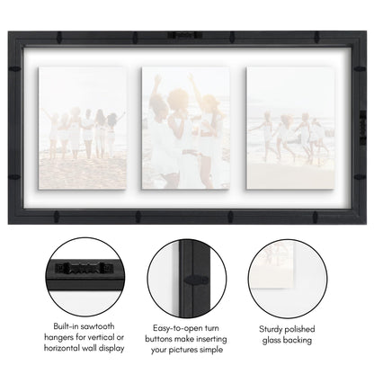 Americanflat 5x7 Picture Frame Collage with Shatter-Resistant Glass - Fits Three 5x7 Photos or use as One 10x20 Picture Frame - Signature Collection - Collage Frames with Floating Effect - Black