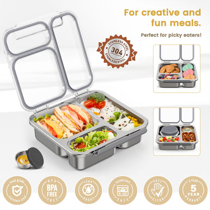 Stainless Steel Bento Box Kids Adult with 7oz Soup Thermo, Transparent Lid 3 Compartments Metal Bento Lunch Box with Insulated Food Jar,Lunch Box Container Sauce Cup for School,BPA-Free(Grey)
