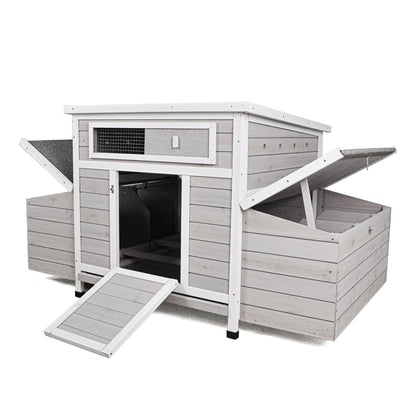 KEIKI Large Wooden Chicken Coop, Outdoor Hen House, Poultry Cage, Rabbit Hutch, Wooden Poultry Cage for Outdoor with 2 Sides Nesting Boxes, Gray+White