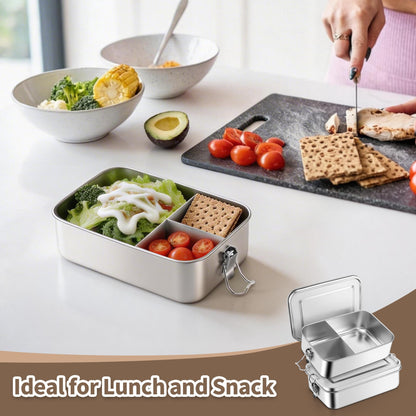 TeamFar 2 Pack Stainless Steel Bento Box, 47oz Metal Lunch Box with 3 Compartments for Adults/Kids, Lunch Food Containers for School/Work/Meal Prep, Leak-Proof & Dishwasher Safe, 1400ML