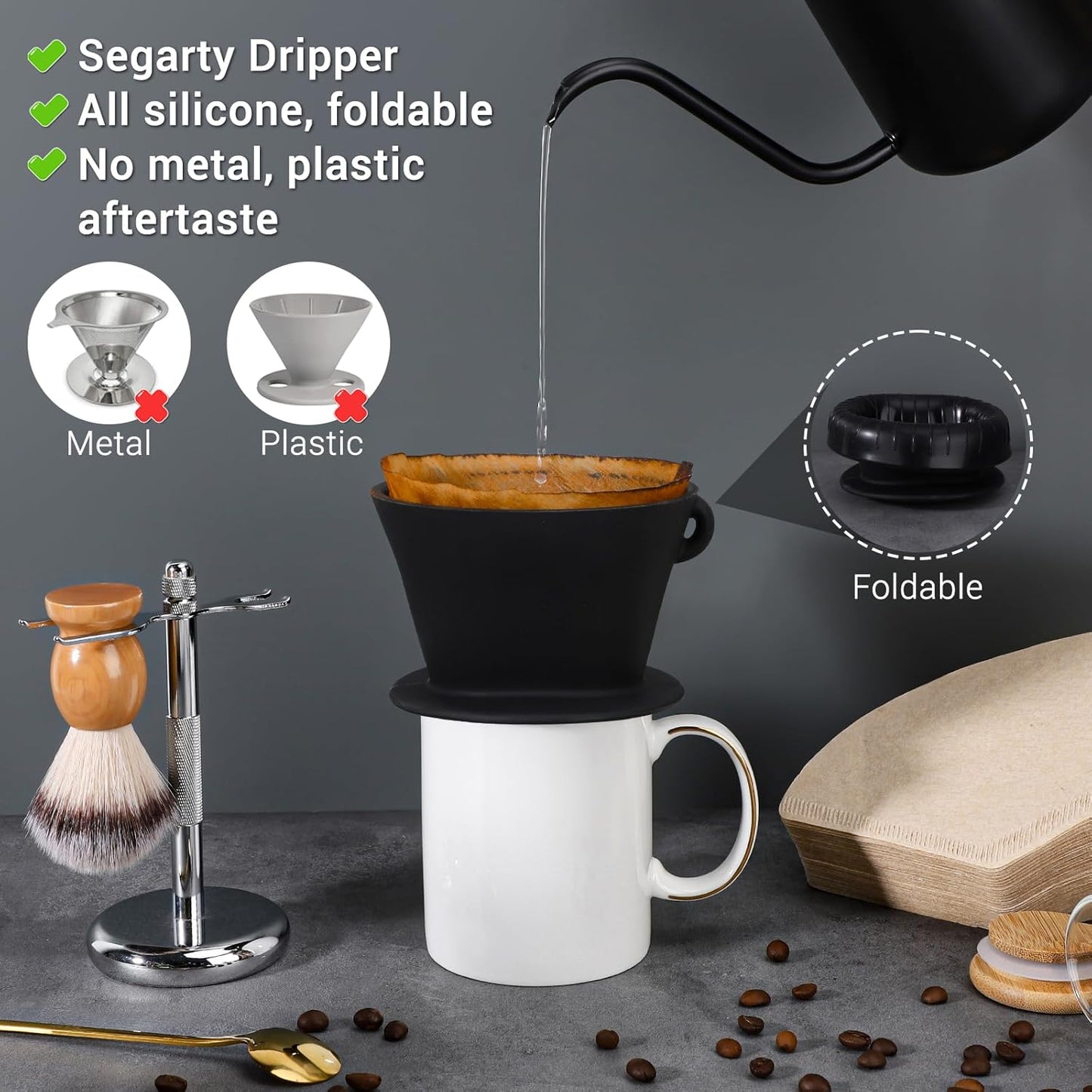 Segarty Pour Over Coffee Maker, Single Cup Black Silicone Dripper Set with 200PCS Cone Filters for Home Travel