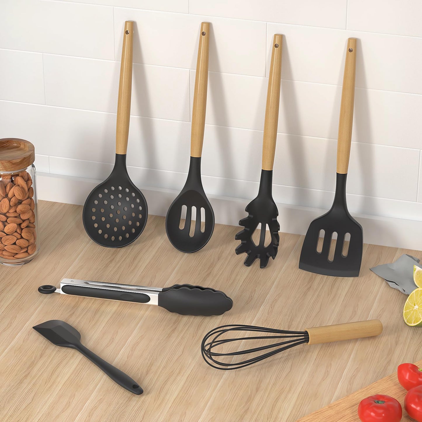 oannao Silicone Cooking Utensils Kitchen Utensil Set - 446°F Heat Resistant Silicone Kitchen Utensils Set, Spatula,Turner Tongs, Spoon, Whisk,Kitchen Gadgets for Nonstick Cookware, BPA Free (Gray)