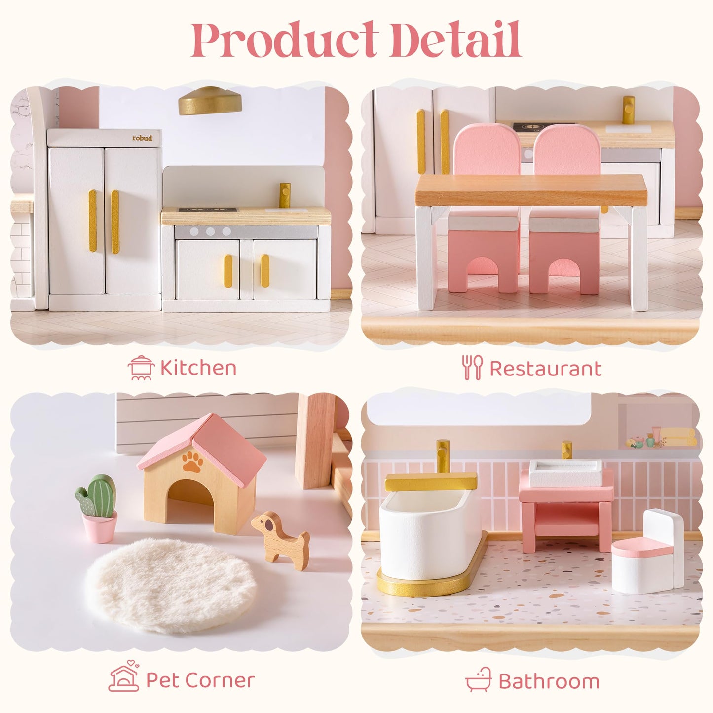ROBUD Wooden Dollhouse Furniture Set, 28 Pcs Doll House Accessories, Miniature Furniture Including 6 Room Kits, Pretend Play Toys, Gift for Boys and Girls,3+