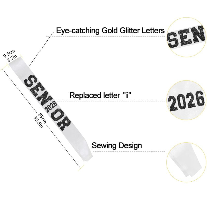 6Pcs White Senior 2027 Satin Sashes with Black Glitter Letters Senior 2027 Decorations - 2027 Graduation Celebrations Sashes - Senior Cheer Sash - Cheerleader Sash - Class Competition Sashes