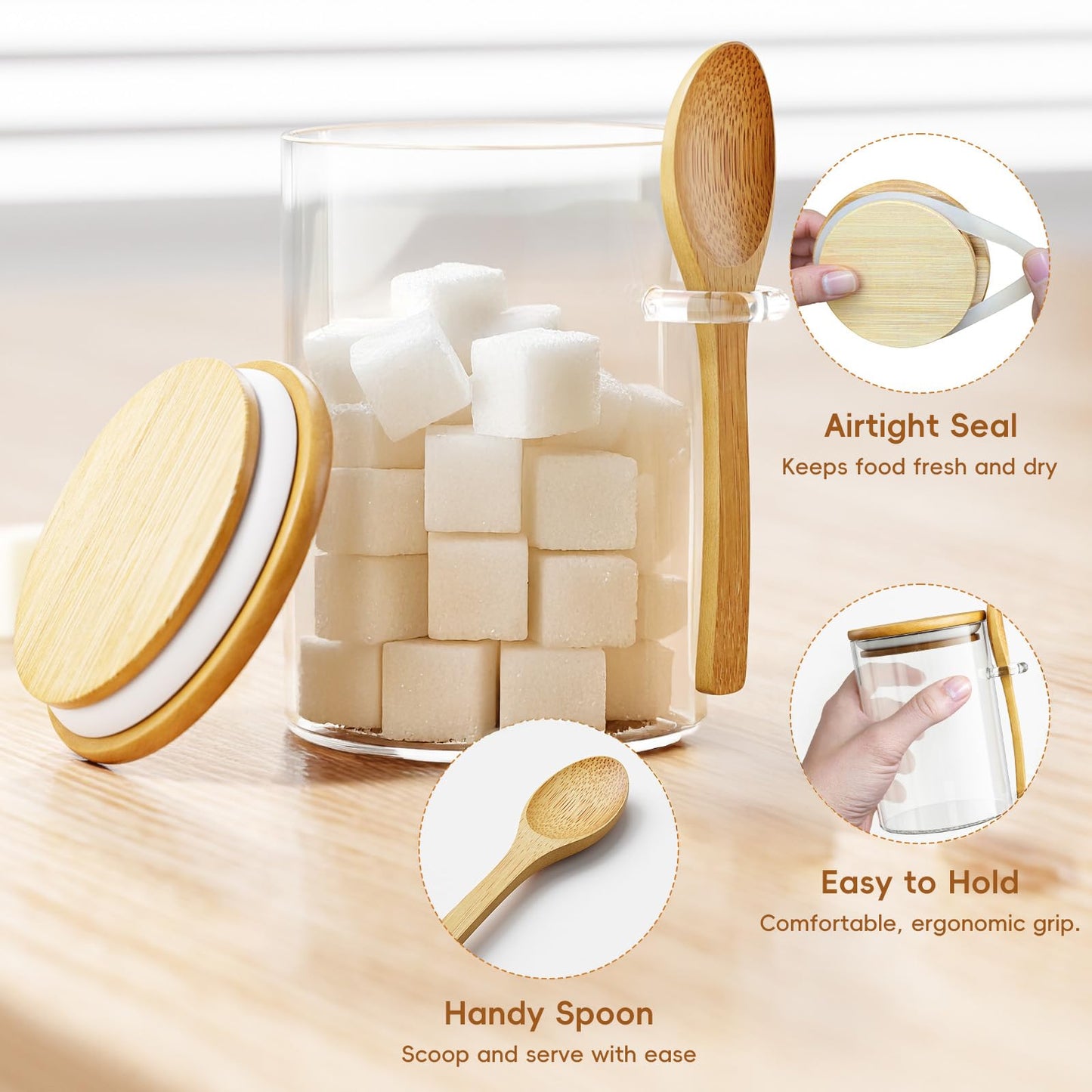 KOIKEY Coffee Sugar Container Salts Jars - 15oz Glass Airtight Caning with Bamboo Lids and Spoons Scoop, Storage Overnight Oats, Spice, Creamer, Food Organizer, Set of 3