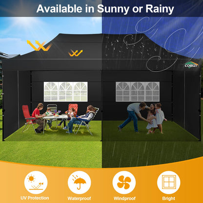 COBIZI 10x20 Pop up Canopy Tent 10x20 Canopy with 6 Sidewalls Waterproof Heavy Duty Commercial Canopy Tent for Parties Outdoor Garden Gazebo, Carry Bag with Wheel(10x20ft,Space Black)