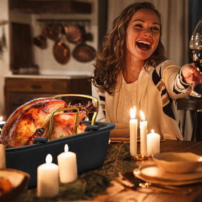 Slow Slog Roasting Pan, 17 Inch x 13 Inch Roaster with Removable Rack, Nonstick Roaster Pan for Roasting Turkey, Meat & Vegetables (Gold)