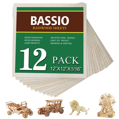 Basswood Plywood Sheets,12 Pack 12 x 12 x 1/16 Inch Unfinished Plywood Sheets for Laser Cutting,Engraving,Wood Burning,Drawing,Dollhouse,Diorama,Studio DIY & Party Decor