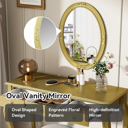 Merax Luxury Makeup Vanity Desk with Wall-Mounted Oval Mirror, Console Table with 3-Drawer for Storage, Elegant Beauty Station Bedroom Dressing Room Salon Station, Gold