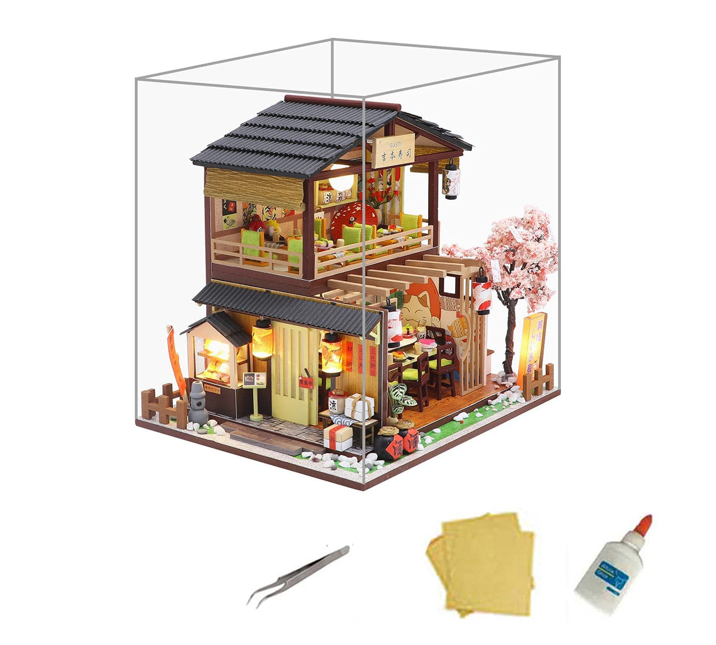 MAGQOO Miniature Dollhouse Kit DIY Dollhouse Kit DIY House Kit Wooden Mini Doll House Kit Creative Room with Dust Cover(Sushi)
