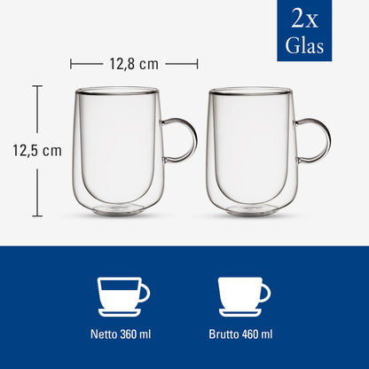 Villeroy & Boch Artesano Hot & Cold Beverages Latte Macchiato Glass Large, Set of 2 Glasses, Double-Walled Glasses for Cold and Hot Beverages, Borosilicate Glass, Dishwasher-Safe, Microwave-Safe