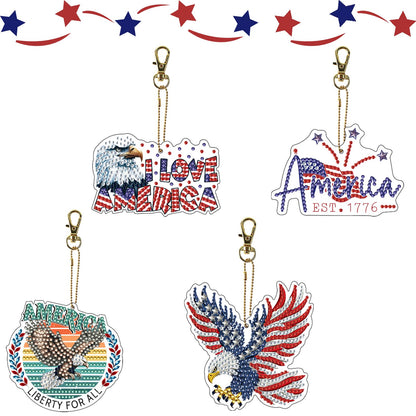 VODAPYC 4PCS 4th of July Diamond Art Keychains Patriotic Ornaments Kits, DIY Double Sided Point USA 250th Anniversary Diamond Art for Independence Day Decor