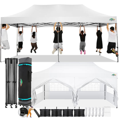 COBIZI 10x20 Pop Up Canopy with 6 Sidewall,Heavy Duty Canopy UPF 50+ All Season Wind Waterproof Commercial Outdoor Wedding Party Tents for Parties Gazebo with Roller Bag(10 x 20 ft Snow White)