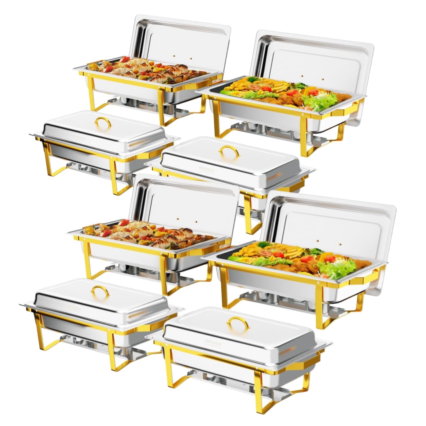 Bonnlo 8 Pack Chafing Dishes for Buffet, 9 Qt Stainless Steel Food Warmer Set with Lids, Rolled Edge Catering Chafer with Folding Frame for Wedding, Banquet, Party & Hotel Service, Silver & Gold