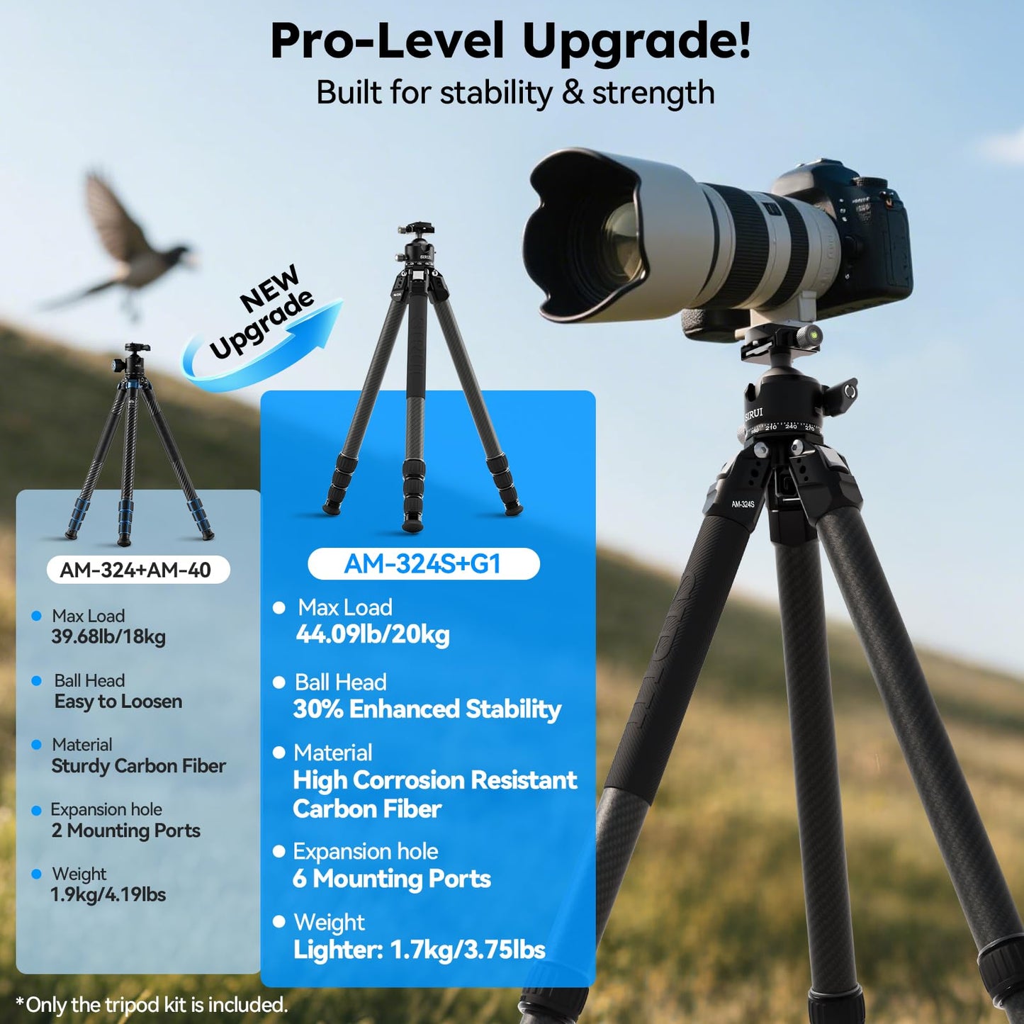 SIRUI Heavy-Duty Carbon Fiber Tripod, 59.8” Pro Tripod with Low Center of Gravity Ball Head, 44lbs Load, 6 Mounting Ports, Corrosion Resistance–for DSLR, Mirrorless, Telephoto, Wildlife（AM-324S+G1）