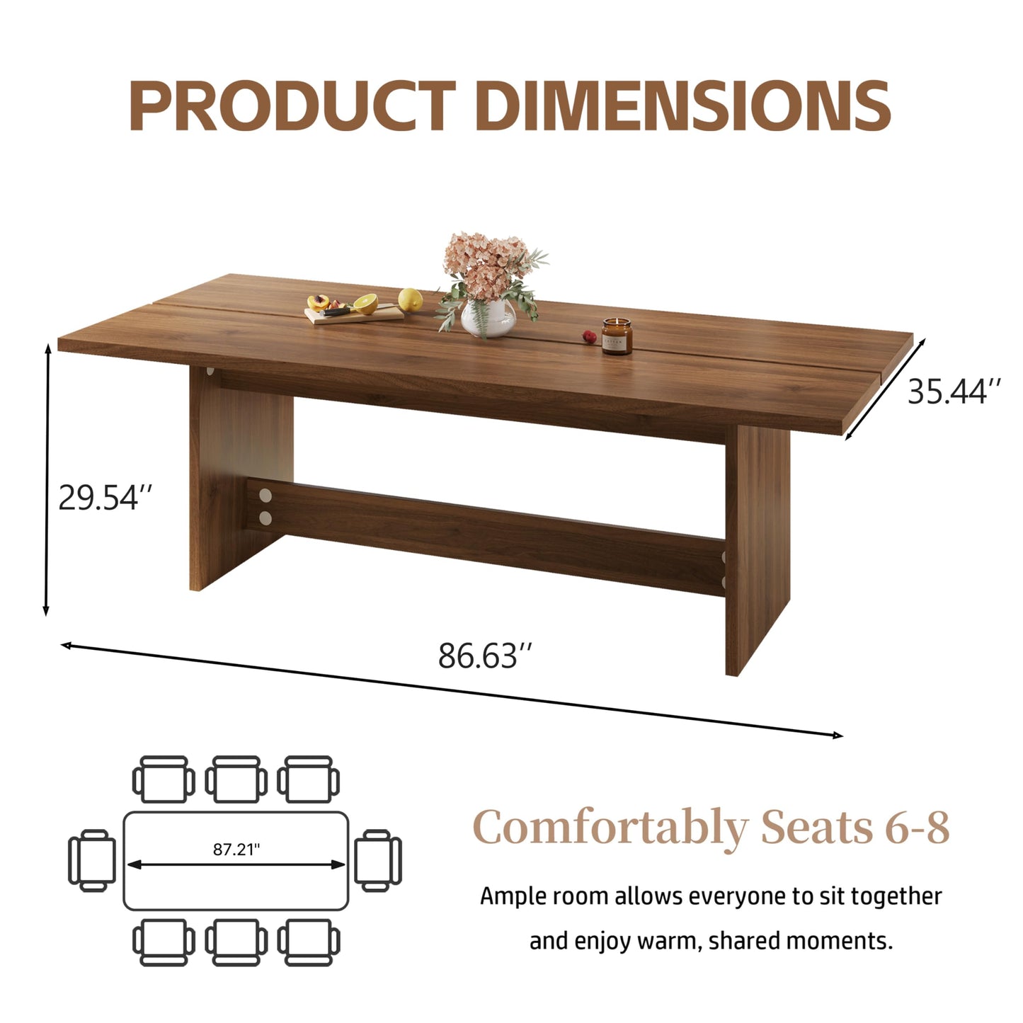 86.6" Mid-Century Modern Dining Table for 8-10, Rectangle Kitchen Table with Sturdy Base, Wooden Dining Room Table for Living Room, Kitchen, Walnut Brown
