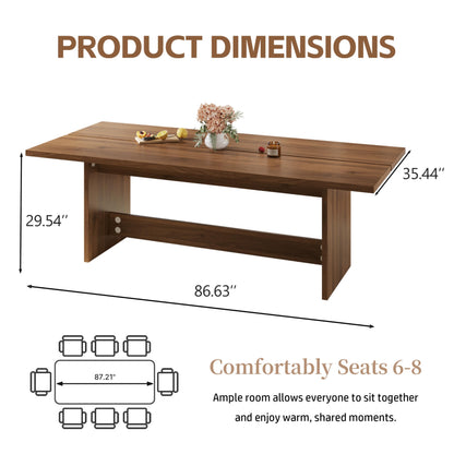 86.6" Mid-Century Modern Dining Table for 8-10, Rectangle Kitchen Table with Sturdy Base, Wooden Dining Room Table for Living Room, Kitchen, Walnut Brown