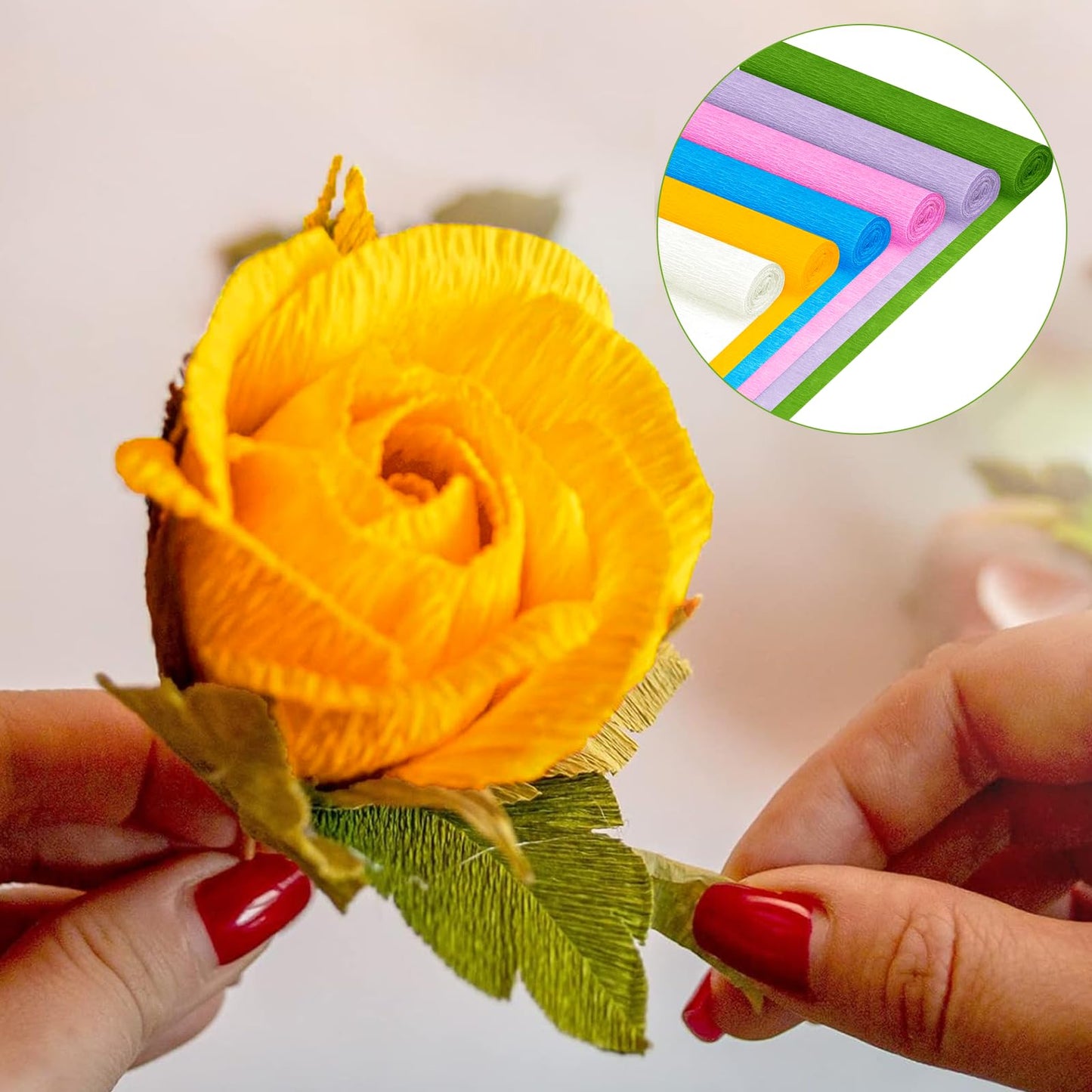 57pcs 6 Rolls Crepe Paper DIY Flower Making Kit, Size 10" x 98" Craft Streamers Include Floral Tape & Stem Wire for Wedding, Party, Festival Decorations for Gift Wrapping & Paper Flowers
