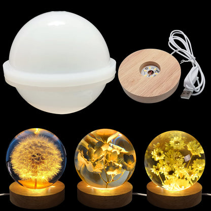 Voaesdk 4 inch Large Sphere Round Light Resin Mold,LED Silicone Resina Mould with 1Pcs USB Powered Wooden Lighted Base Stand for DIY Table Crafts Party Wedding Desktop Lamp Home Decor