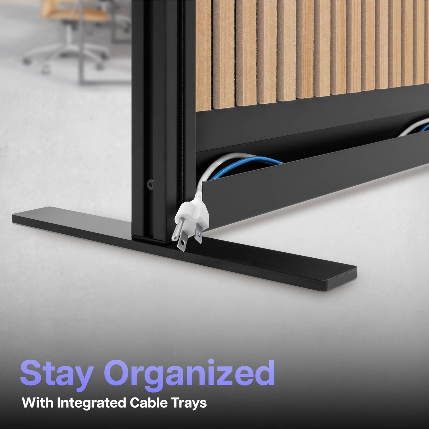 Room Divider for Office Privacy – Modular Freestanding Acoustic Office Partition with PET Sound Dampening Panels and Faux-Wood Slats, 70” x 70”, Grove Sound Dampening Wall, Black Frame, Easy Assembly
