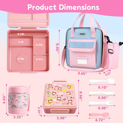 REDSHELL Bento Lunch Box for Kids Set, Leakproof Food Jar Pail with Insulated Bag, Toddler Snack Container Lunchbag for Girls Daycare, Back to School Lunchbox Kit, Includes Bottle Holder Strap, Pink