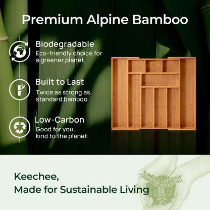 keechee Carbonized Bamboo Kitchen Drawer Organizer, 10 Slots Expandable Silverware Organizer, Utensil Holder & Cutlery Tray, 2.2" Deep for Extra Capacity, Non-Slip Feet Included