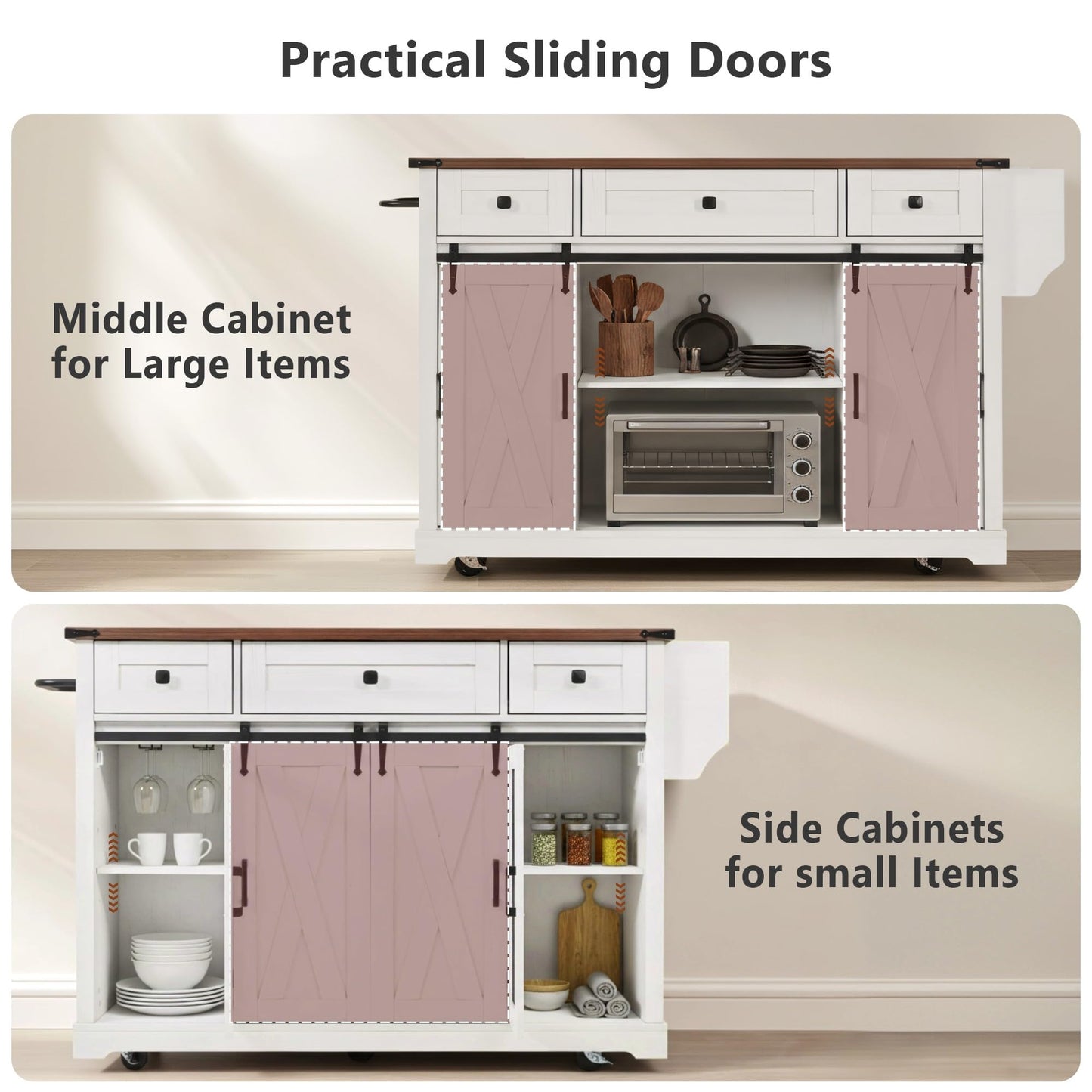 Merax Farmhouse 58 inch Kitchen Island on 5 Wheels with Drop Leaf Table, Power Outlet & Glass Holders, Wood Kitchen Rolling Cart with Spice Rack & Sliding Barn Door, 3 Drawers & Cabinet, White