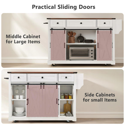 Merax Farmhouse 58 inch Kitchen Island on 5 Wheels with Drop Leaf Table, Power Outlet & Glass Holders, Wood Kitchen Rolling Cart with Spice Rack & Sliding Barn Door, 3 Drawers & Cabinet, White
