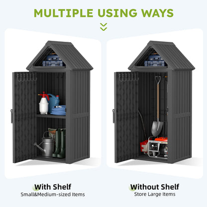 WTFGO Vertical Outdoor Storage Shed, Waterproof Resin Outdoor Storage Cabinet with Removable Shelves & 12 Hooks, Lockable Small Tool Shed for Garden, Backyard, Patio, Pool, Classic Black
