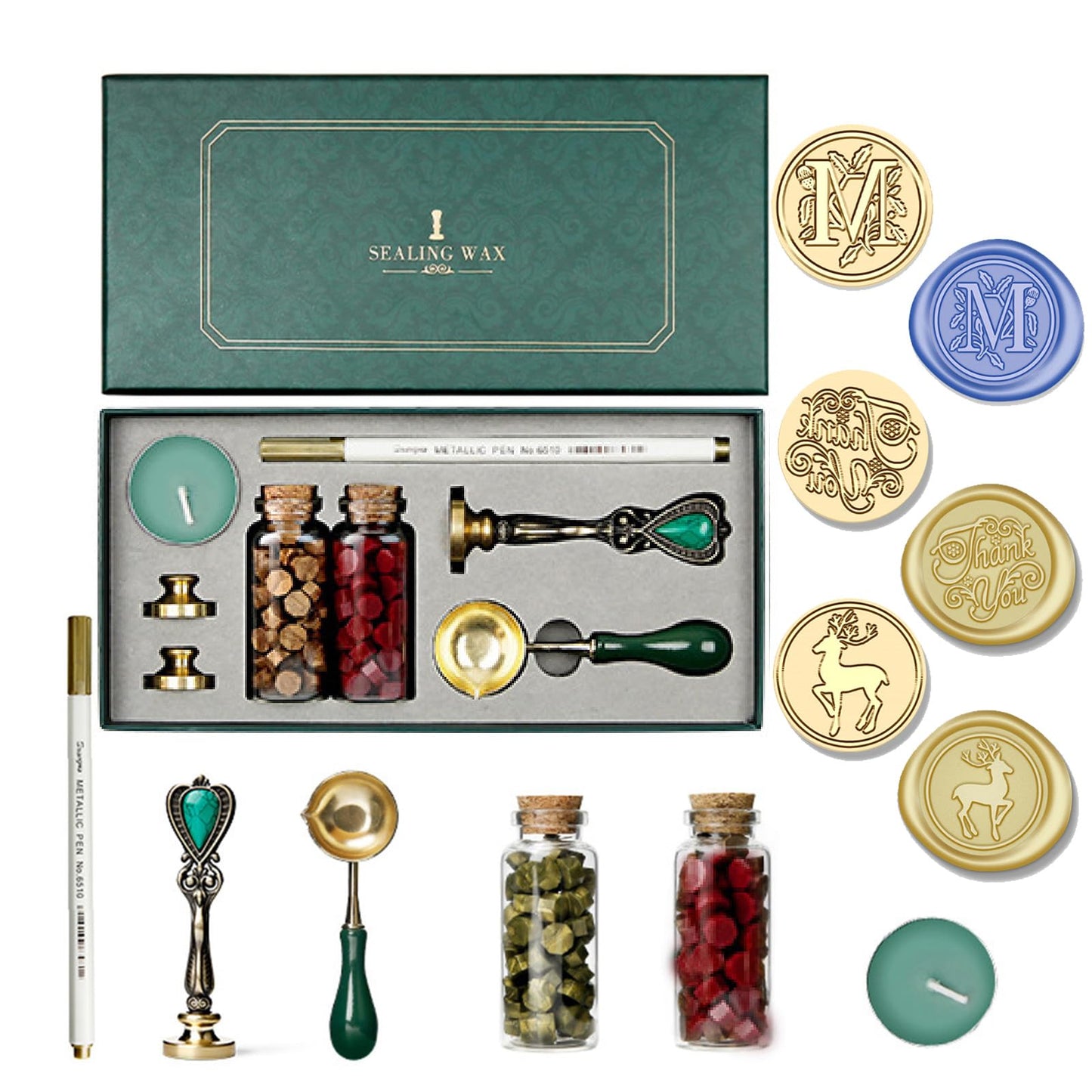 Joyeee Wax Seal Kit with Gift Box, Vintage Removable Brass Thank You, Elk and Letter M Wax Seal Stamp Head, Wax Beads, Metal Handle etc, Suit for Gift, Craft, Cards Envelopes, Medieval Classic
