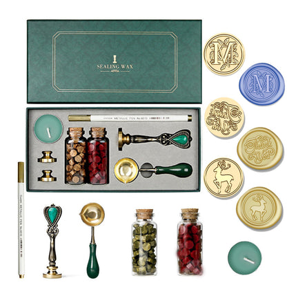 Joyeee Wax Seal Kit with Gift Box, Vintage Removable Brass Thank You, Elk and Letter M Wax Seal Stamp Head, Wax Beads, Metal Handle etc, Suit for Gift, Craft, Cards Envelopes, Medieval Classic