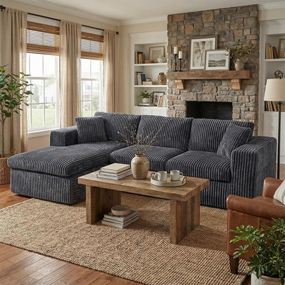 Shintenchi 105" Boneless Couch for Living Room,L Shaped Modular Cloud Sectional Sofa,Fluffy Corduroy Couch with Deep Seated Oversized Chaise Lounge,No Assembly Needed,Dark Gray