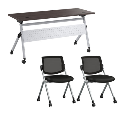 Bush Business Furniture Folding Training Table Set for 2, 60 inch, 2 Mesh Back Folding Chairs, Commercial-Grade Bundle for Office or Classroom, Envision Collection, Gray
