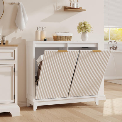Double Tilt Out Trash Can Cabinet with Odor Control, Outlets, Fluted Trash Cabinet 13 Gallon Hidden Bin Storage, Modern Kitchen Cabinet with Soft-Close Door, Laundry Hamper Cabinet for Bathroom