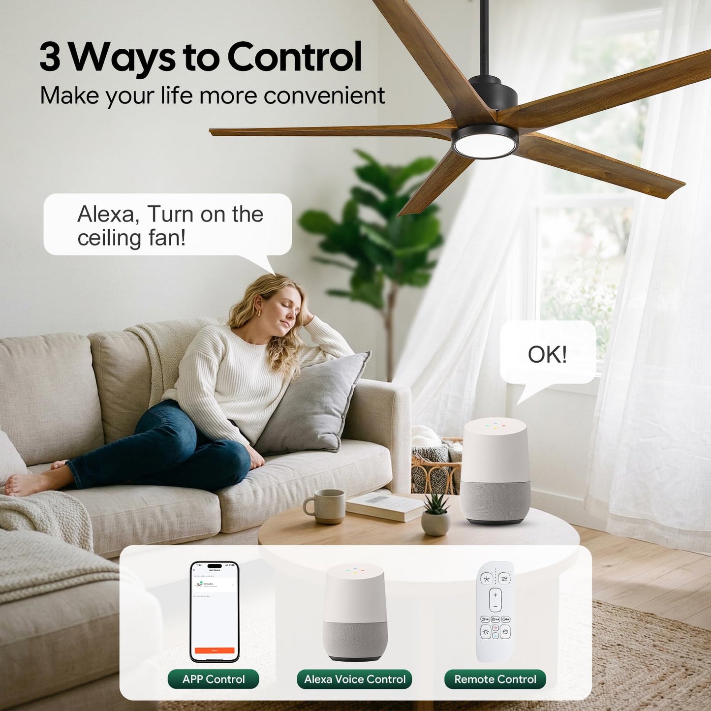 52 Inch Smart Outdoor Ceiling Fan with Light, Alexa/App/Remote Control, 5 Walnut Solid Wood Blades, Modern Farmhouse, Quiet Energy Efficient DC Motor, Damp Rated for Patio Porch Indoor Living Room