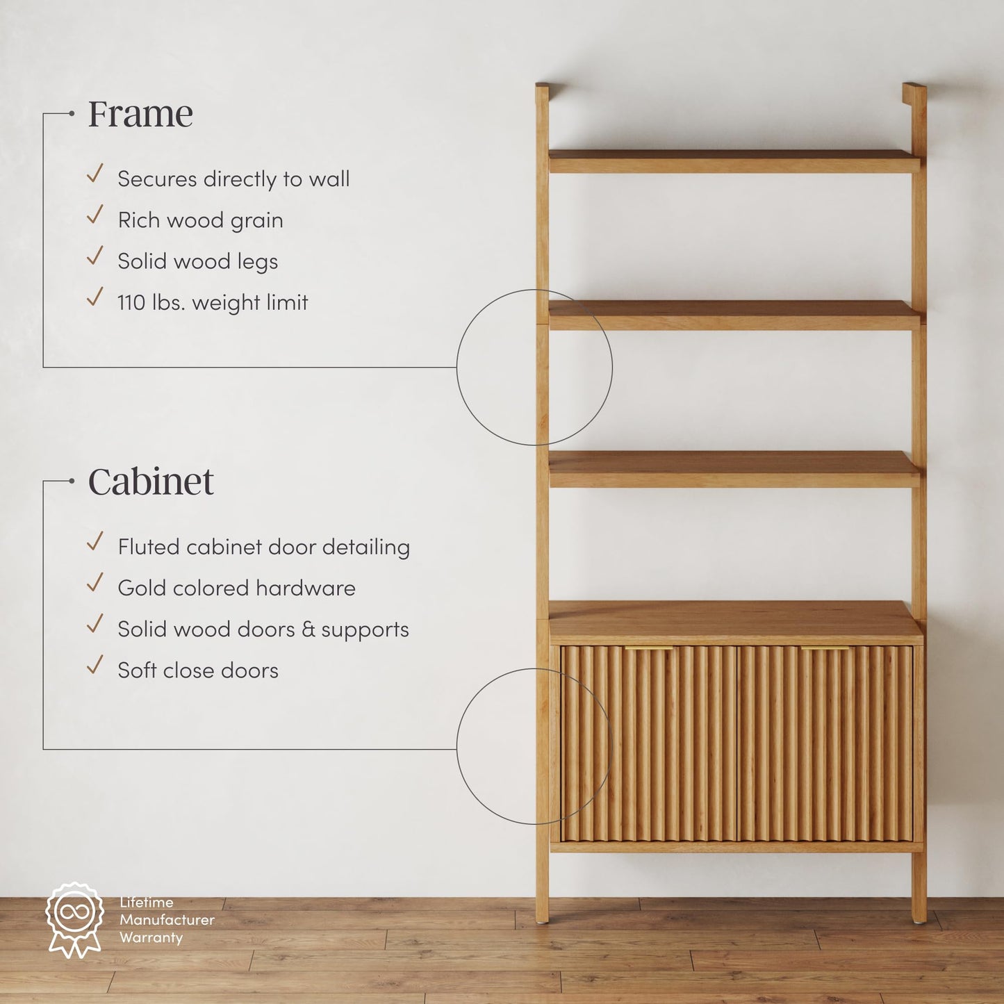 Nathan James Jasper 3-Shelf Solid Wood Boho Bookshelf, Wall Mounted Bookshelf with Cabinet with Fluted Doors, Natural Brown